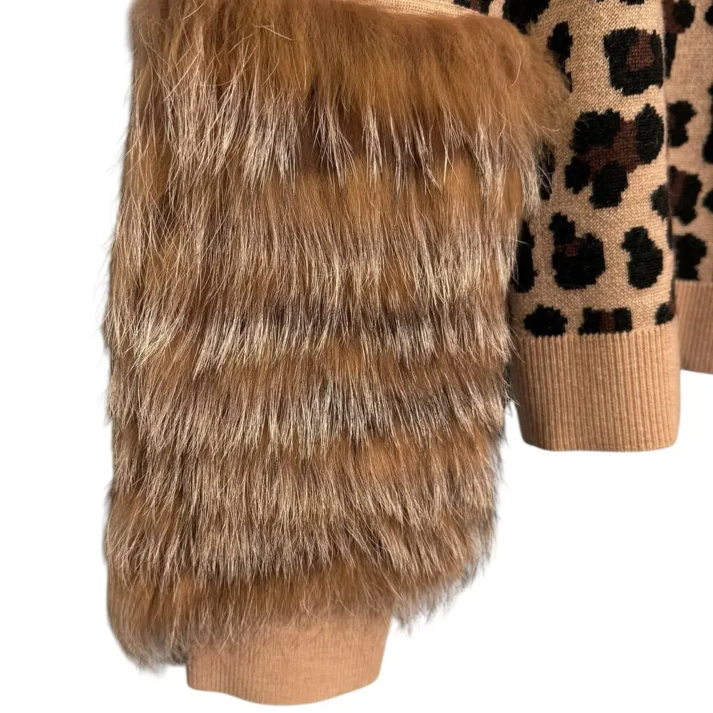 Alice + Olivia XS Sheila Fox Fur‎ Statement Sleeve Sweater Leopard Print Wool